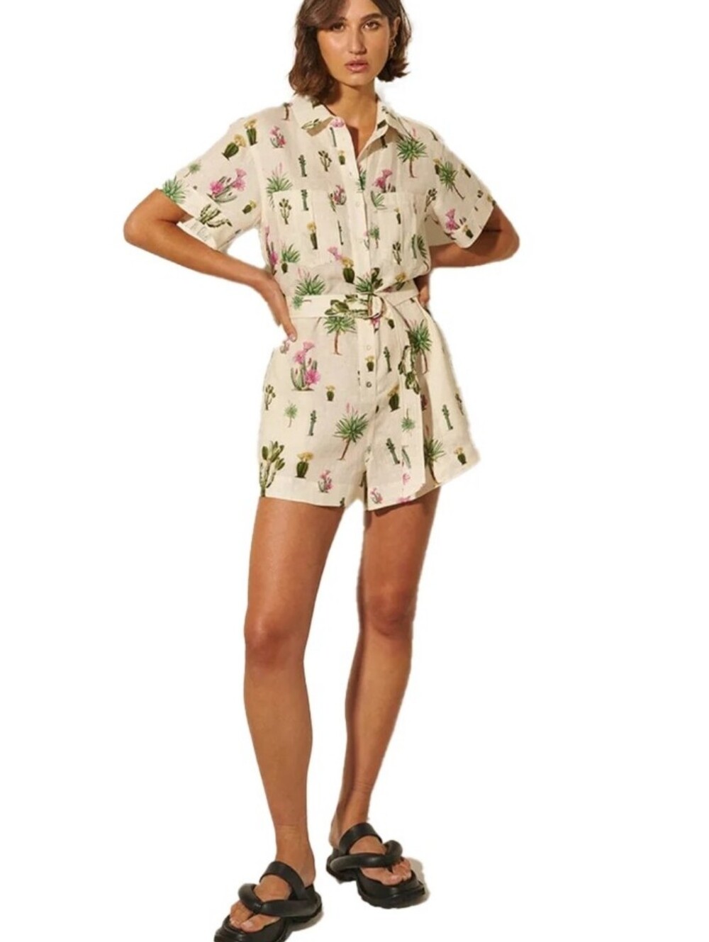 Kivari Saguaro Playsuit Beige Cactus & Floral Short Romper Size 10 Free People